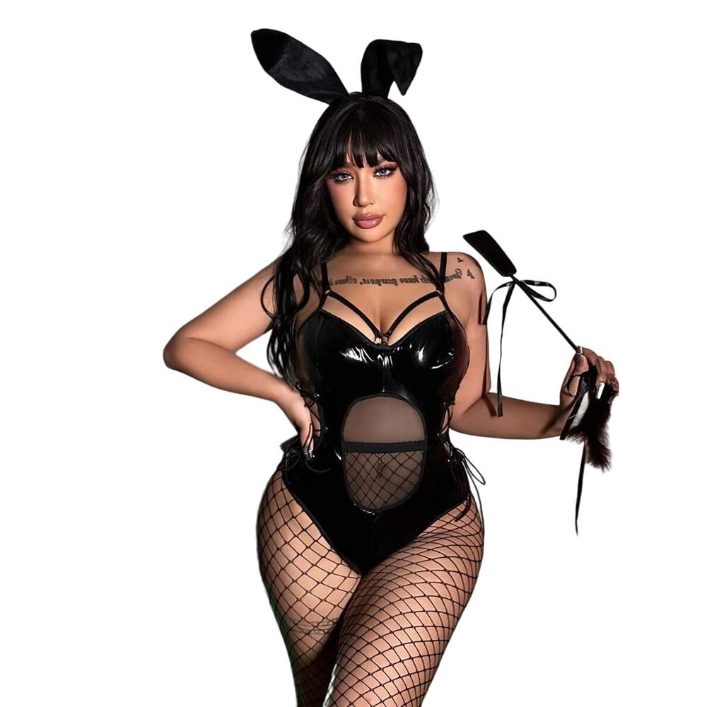 New 3XL Vegan Leather Black Bunny Bodysuit Halloween‎ Costume Set Cosplay